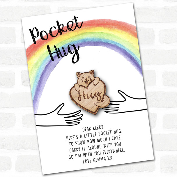 Smiling Cat Love Heart Rainbow Personalised Gift Pocket Hug