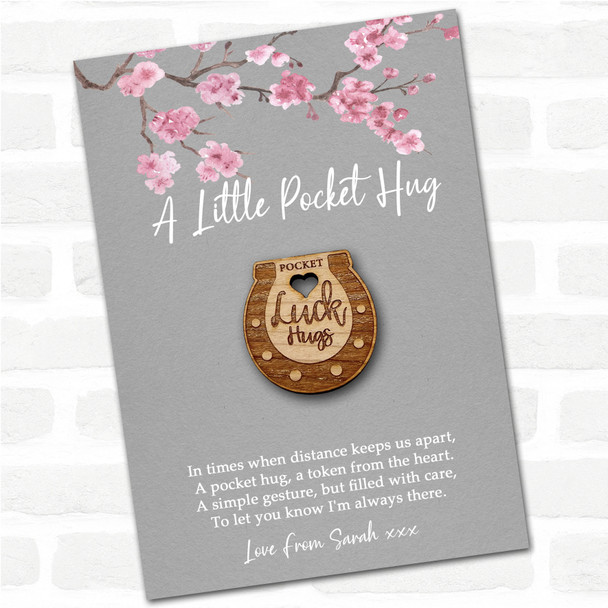 Lucky Horseshoe & Heart Grey Pink Blossom Personalised Gift Pocket Hug