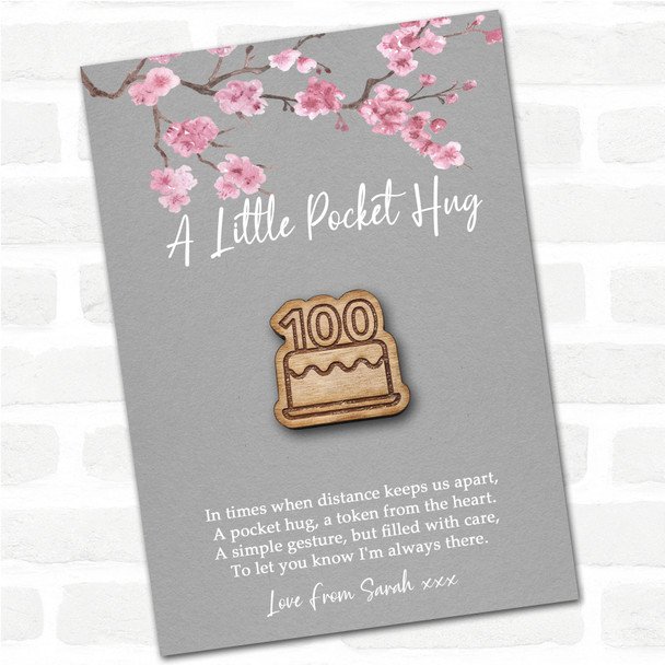Birthday Cake 100 Candles Grey Pink Blossom Personalised Gift Pocket Hug