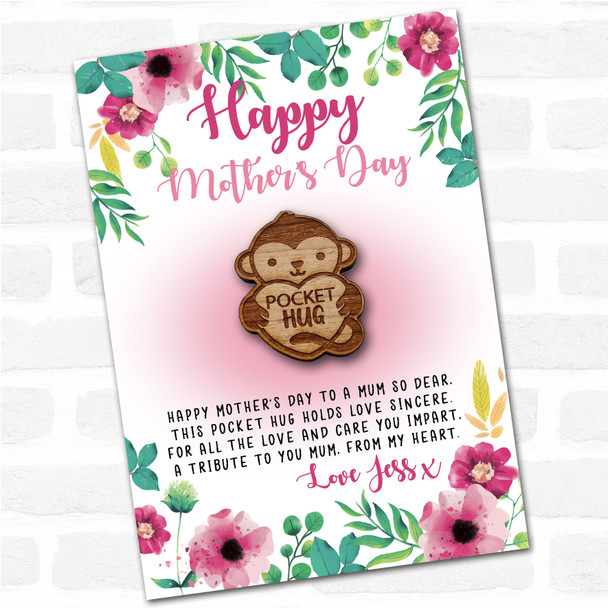 Monkey Heart Pink Floral Happy Mother's Day Personalised Gift Pocket Hug