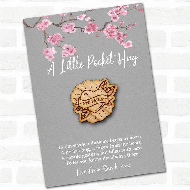 Tattoo Style Heart Mother Grey Pink Blossom Personalised Gift Pocket Hug