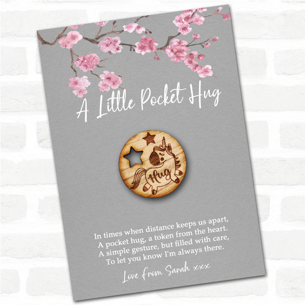 Circle Unicorn Grey Pink Blossom Personalised Gift Pocket Hug