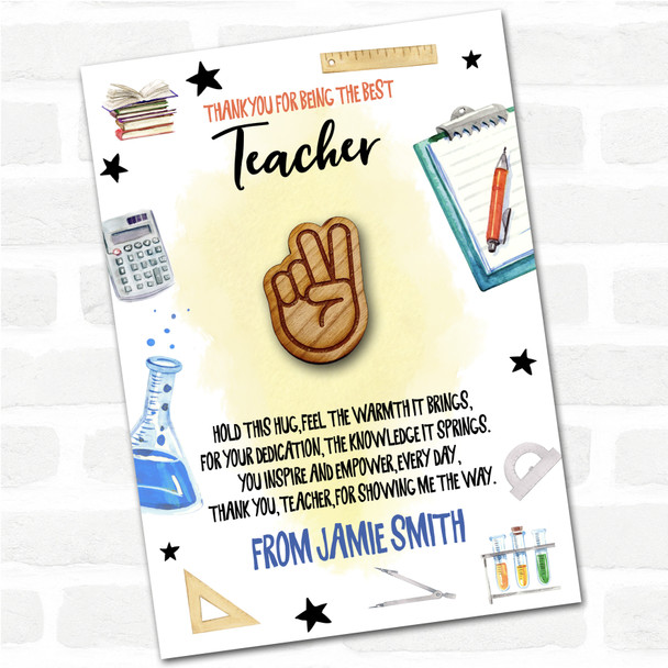 Peace Fingers Yellow Thank You Teacher Personalised Gift Pocket Hug