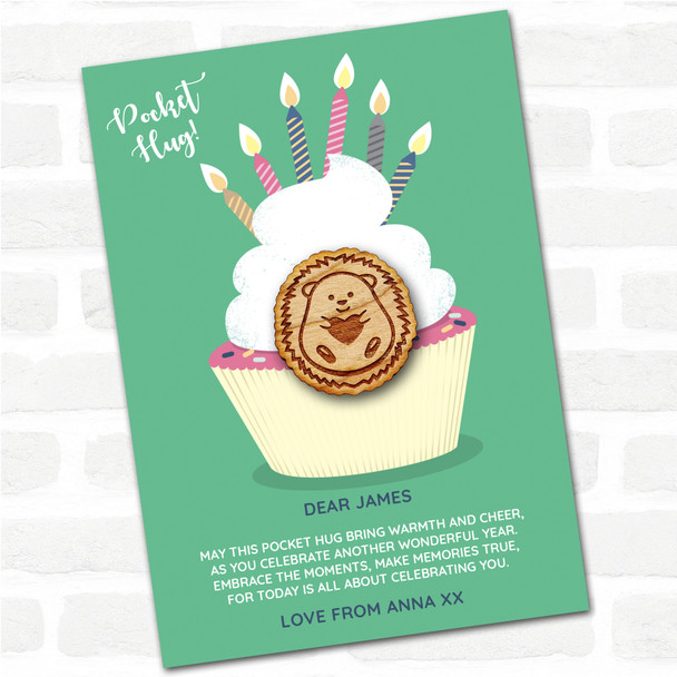 Cute Hedgehog Hugging Heart Cupcake Happy Birthday Personalised Gift Pocket Hug