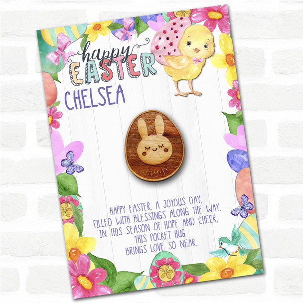 Pretty Bunny In An Egg Happy Easter Chick Personalised Gift Pocket Hug