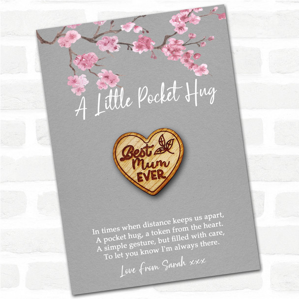 Best Mom Ever Grey Pink Blossom Personalised Gift Pocket Hug