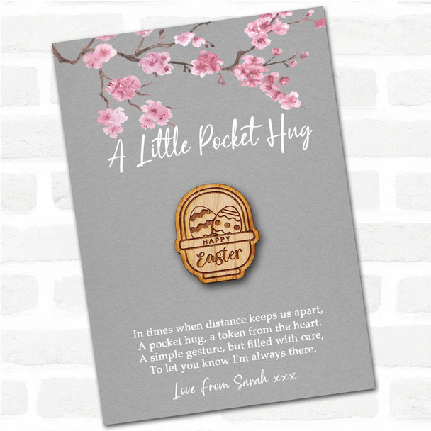 Eggs In A Basket Grey Pink Blossom Personalised Gift Pocket Hug