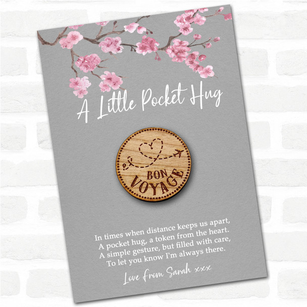 Plane Travelling Heart Destination Grey Pink Blossom Personalised Pocket Hug