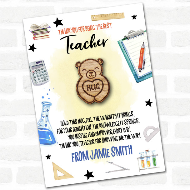 Smiling Cute Bear Yellow Thank You Teacher Personalised Gift Pocket Hug