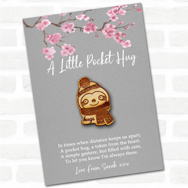Sloth In Hat & Scarf Grey Pink Blossom Personalised Gift Pocket Hug