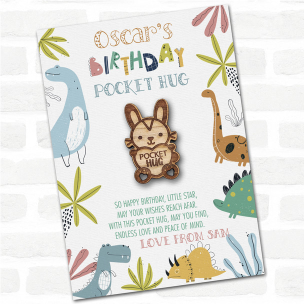 Bunny Rabbit Heart Kid's Boys Birthday Dinosaur Personalised Gift Pocket Hug