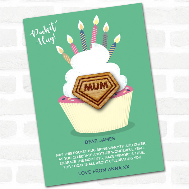 Super Mum Logo Cupcake Happy Birthday Personalised Gift Pocket Hug