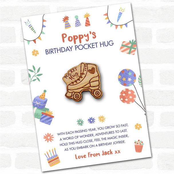 Roller Skates & Heart Kid's Birthday Hats Cakes Personalised Gift Pocket Hug