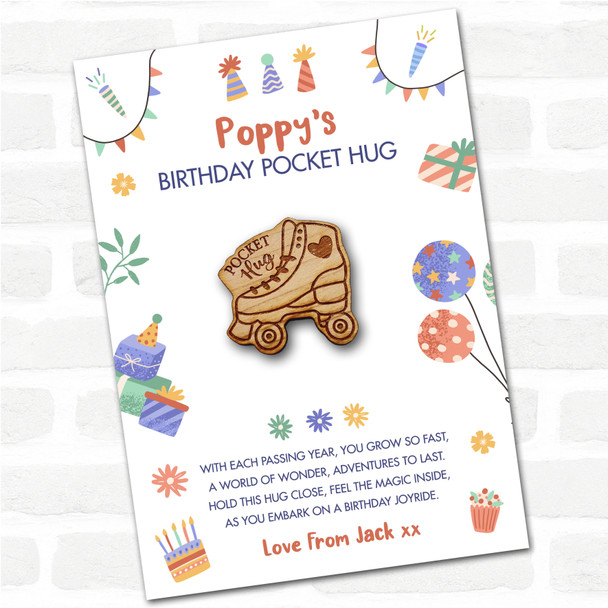 Roller Skates & Heart Kid's Birthday Hats Cakes Personalised Gift Pocket Hug