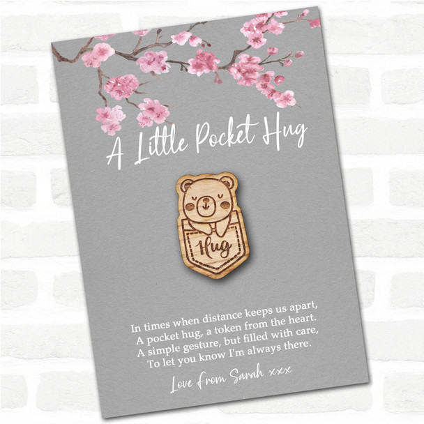 Bear In A Pocket Grey Pink Blossom Personalised Gift Pocket Hug