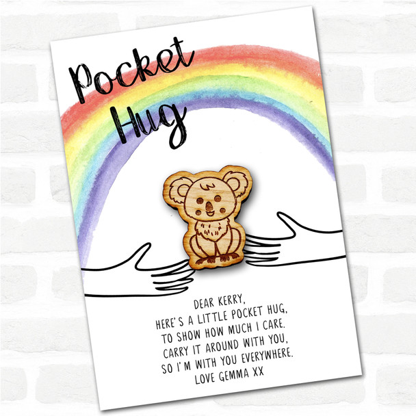 Cute Smiley Koala Rainbow Personalised Gift Pocket Hug