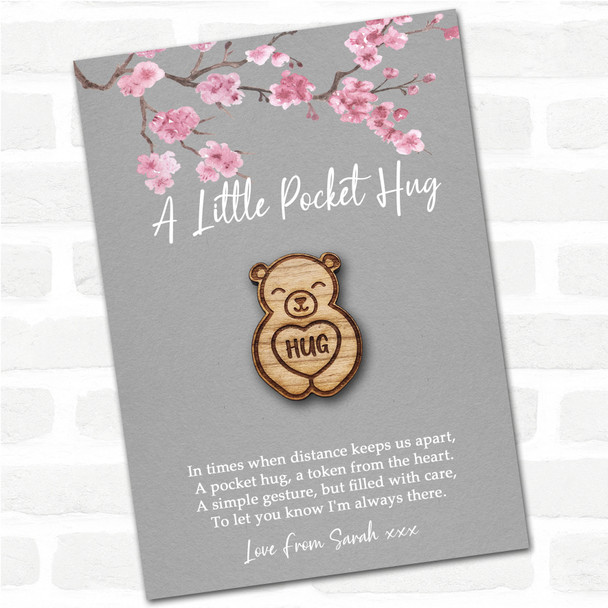 Smiling Cute Bear Grey Pink Blossom Personalised Gift Pocket Hug