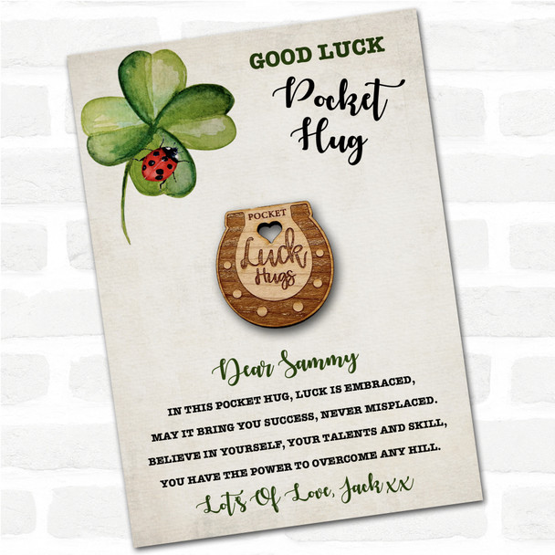 Lucky Horseshoe & Heart Clover Ladybird Good Luck Personalised Gift Pocket Hug