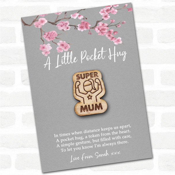 Super Mum Star Hero Grey Pink Blossom Personalised Gift Pocket Hug