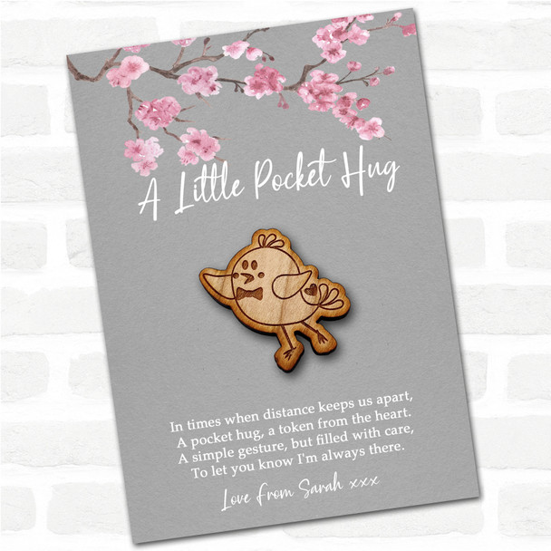 Dancing Little Chick In A Bow Grey Pink Blossom Personalised Gift Pocket Hug