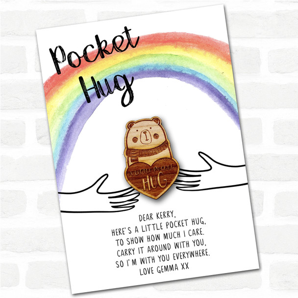 Cute Bear Wearing Scarf Rainbow Personalised Gift Pocket Hug
