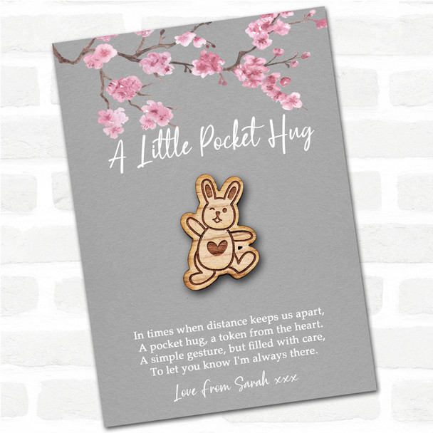 Dancing Winking Bunny Grey Pink Blossom Personalised Gift Pocket Hug