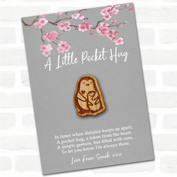 Parent & Baby Penguin Cuddling Grey Pink Blossom Personalised Gift Pocket Hug