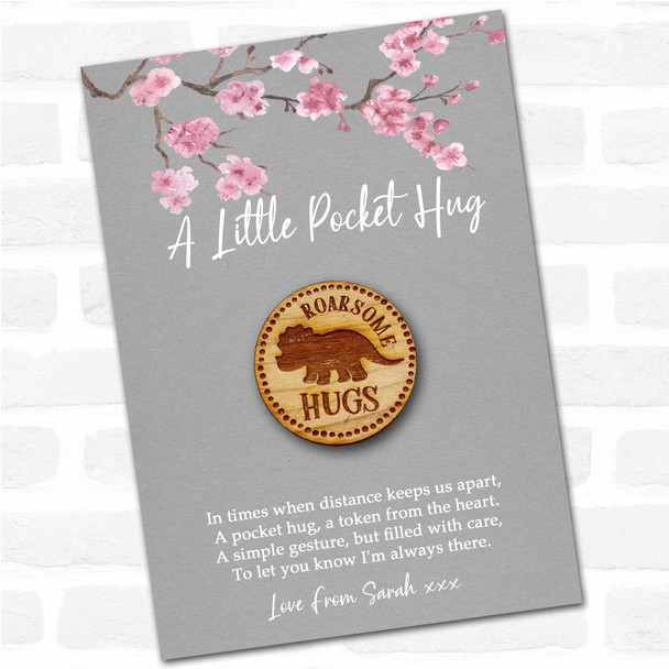 Triceratops Grey Pink Blossom Personalised Gift Pocket Hug