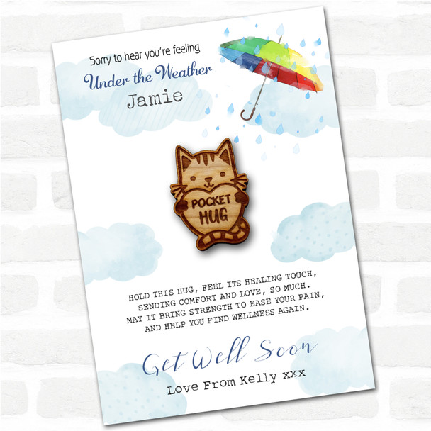 Cat Holding Love Heart Umbrella Get Well Soon Personalised Gift Pocket Hug