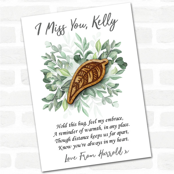 Stripey Feather Green Leaves I Miss You Personalised Gift Pocket Hug