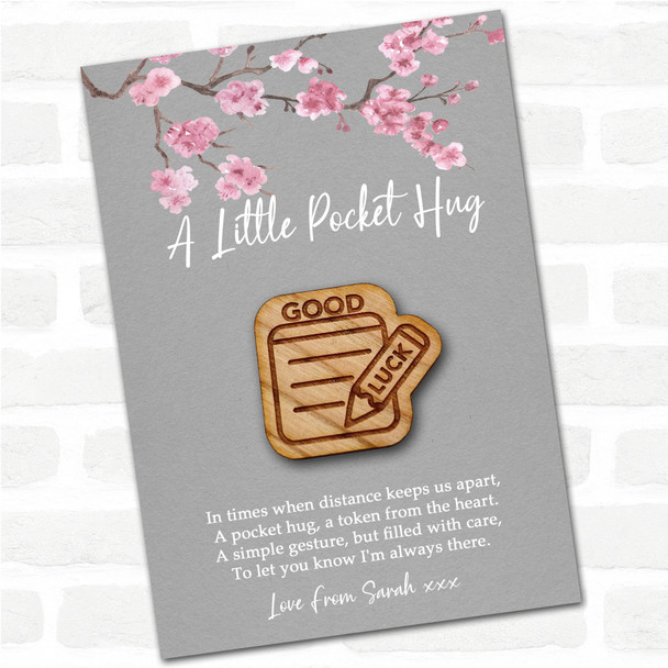 Good Luck Pencil Writing Note Grey Pink Blossom Personalised Gift Pocket Hug
