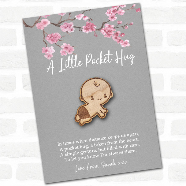 Baby In Diaper Heart Grey Pink Blossom Personalised Gift Pocket Hug