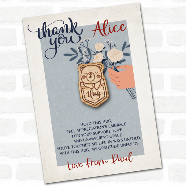 Bear In A Pocket Blue Flowers Thank You Personalised Gift Pocket Hug