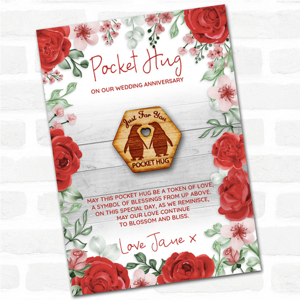 2 Penguins Just For You Roses Wedding Anniversary Personalised Gift Pocket Hug