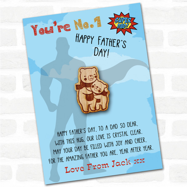 2 Bears In Scarves Cuddling Superhero Dad Father's Day Personalised Pocket Hug