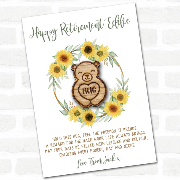 Smiling Cute Bear Happy Retirement Sunflower Personalised Gift Pocket Hug