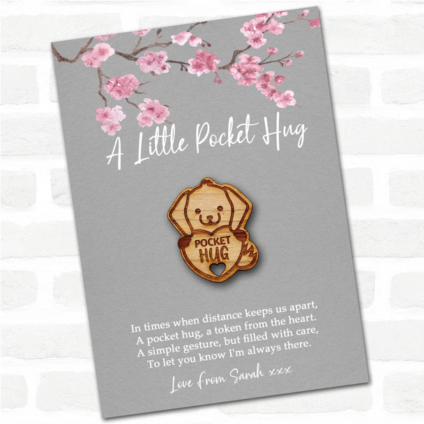 Puppy Dog Heart Grey Pink Blossom Personalised Gift Pocket Hug