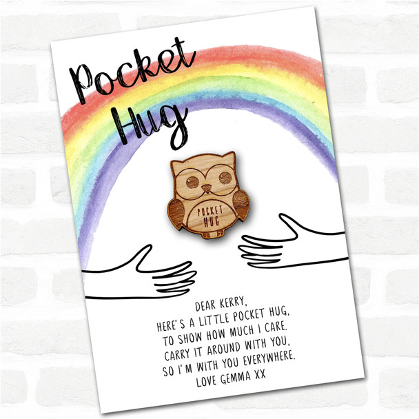 Big Eyed Owl Rainbow Personalised Gift Pocket Hug