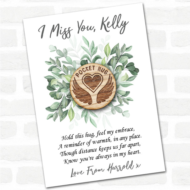 Angel Wings Round A Heart Green Leaves I Miss You Personalised Gift Pocket Hug