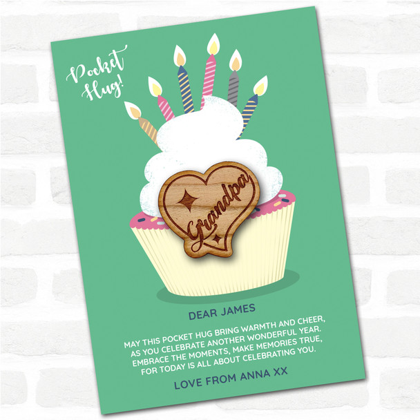 Grandpa Sparkles In a Heart Cupcake Happy Birthday Personalised Gift Pocket Hug