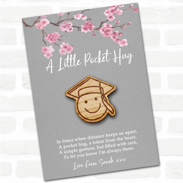 Graduation Cap Emoji Grey Pink Blossom Personalised Gift Pocket Hug