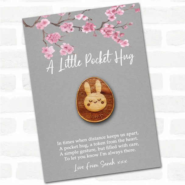 Pretty Bunny In An Egg Grey Pink Blossom Personalised Gift Pocket Hug