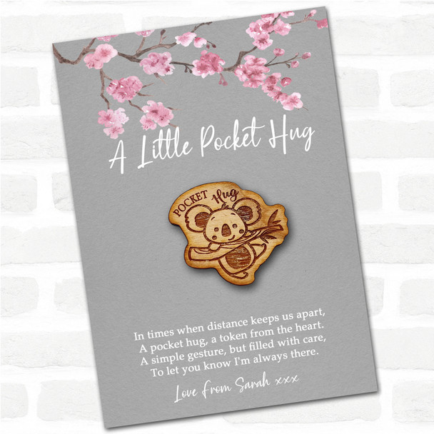 Cute Koala Hanging Grey Pink Blossom Personalised Gift Pocket Hug