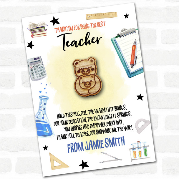 Parent and Baby Bear Yellow Thank You Teacher Personalised Gift Pocket Hug