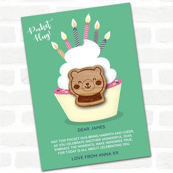 Teddy Bear Face Cupcake Happy Birthday Personalised Gift Pocket Hug