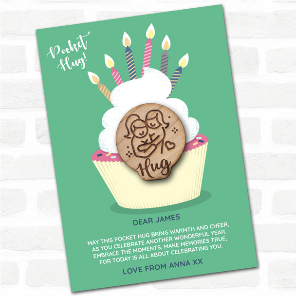 2 Friends Hugging Cupcake Happy Birthday Personalised Gift Pocket Hug