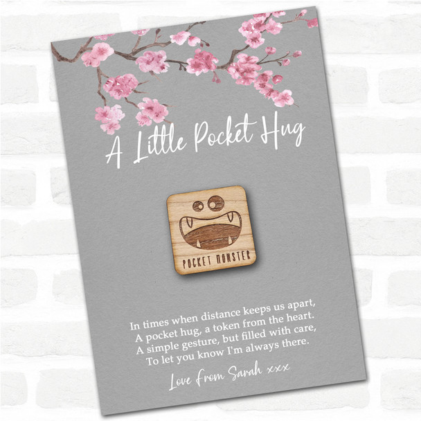 Googly Monster Face Grey Pink Blossom Personalised Gift Pocket Hug