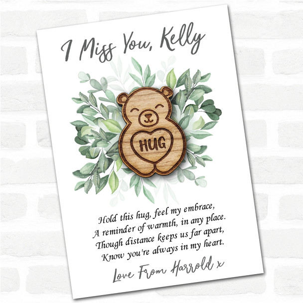 Smiling Cute Bear Green Leaves I Miss You Personalised Gift Pocket Hug