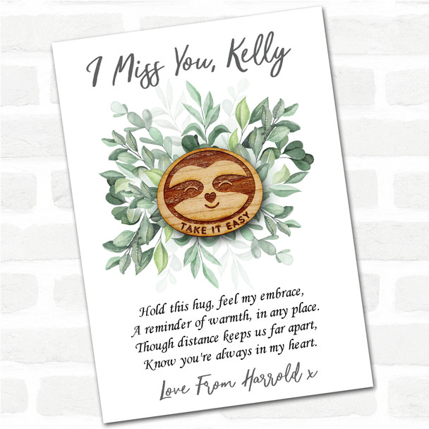 Smiling Sloth Heart Nose Green Leaves I Miss You Personalised Gift Pocket Hug