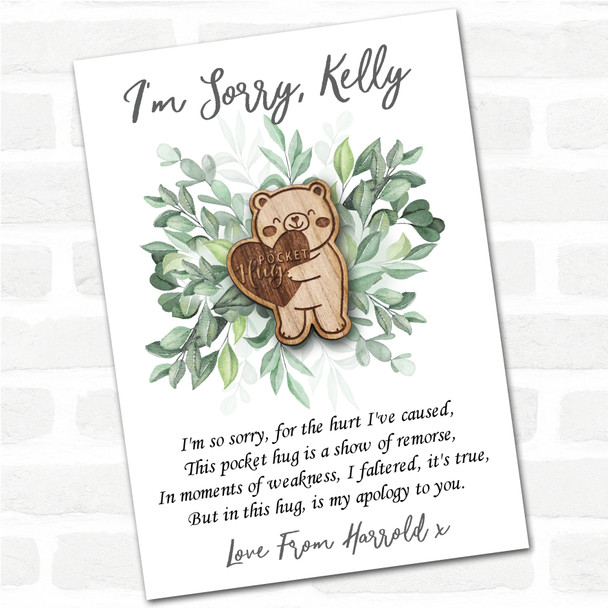 Teddy Bear Heart Leaves I'm Sorry Apology Personalised Gift Pocket Hug